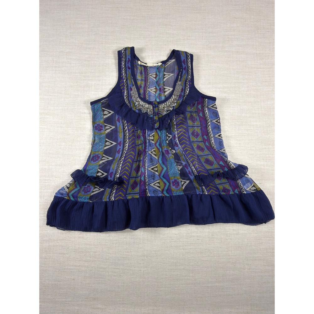 Chelsea & Violet Blue Tribal Print Beaded Ruffle Chiffon Tank Top‎ Small